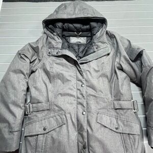 Eddie Bauer WeatherEdge Gray Herringbone Down Parka‎ Hooded Winter Coat Womens L